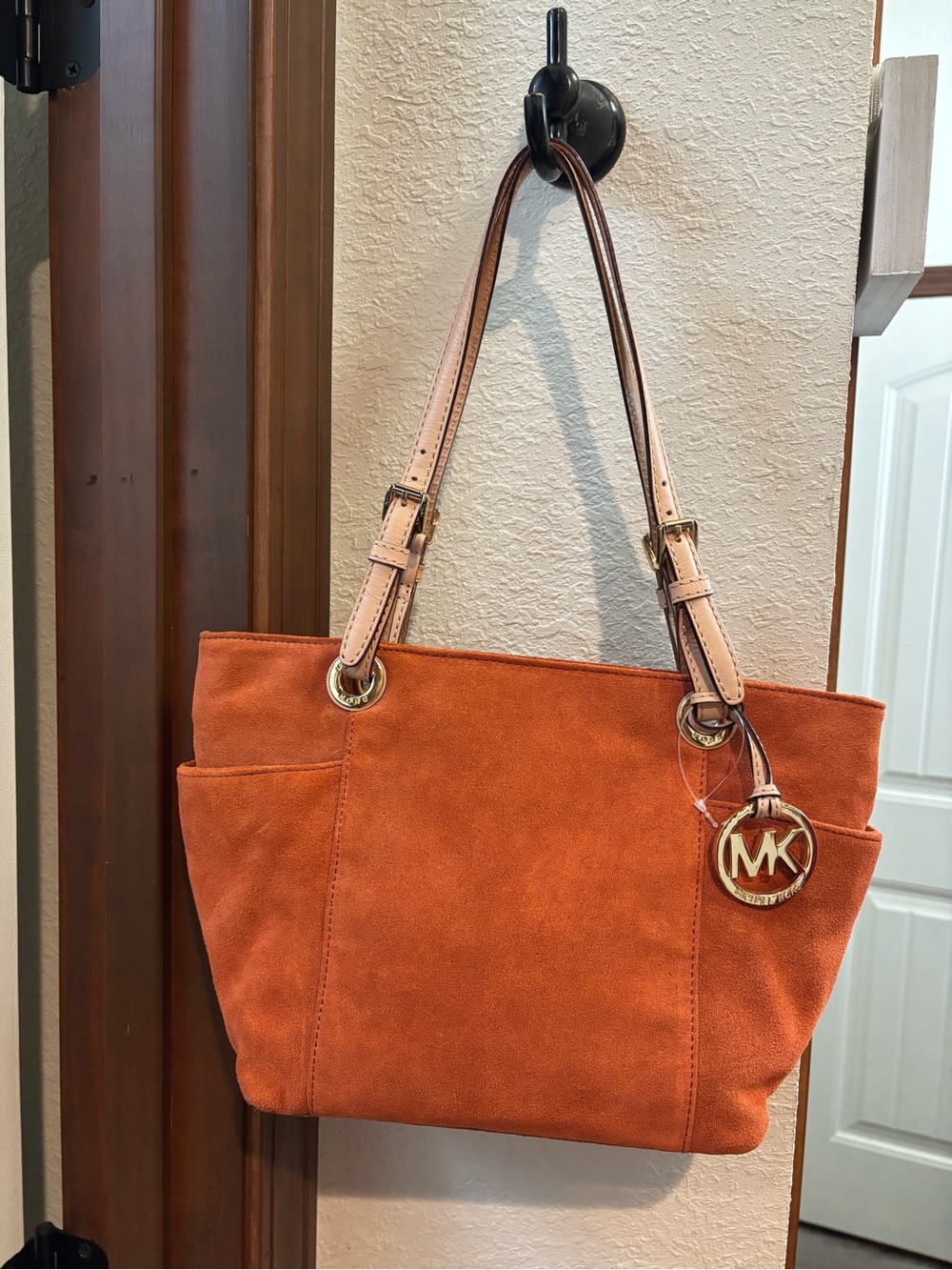 Michael Kors Orange Suede Tote with Pale Pink Straps and Gold MK Charm